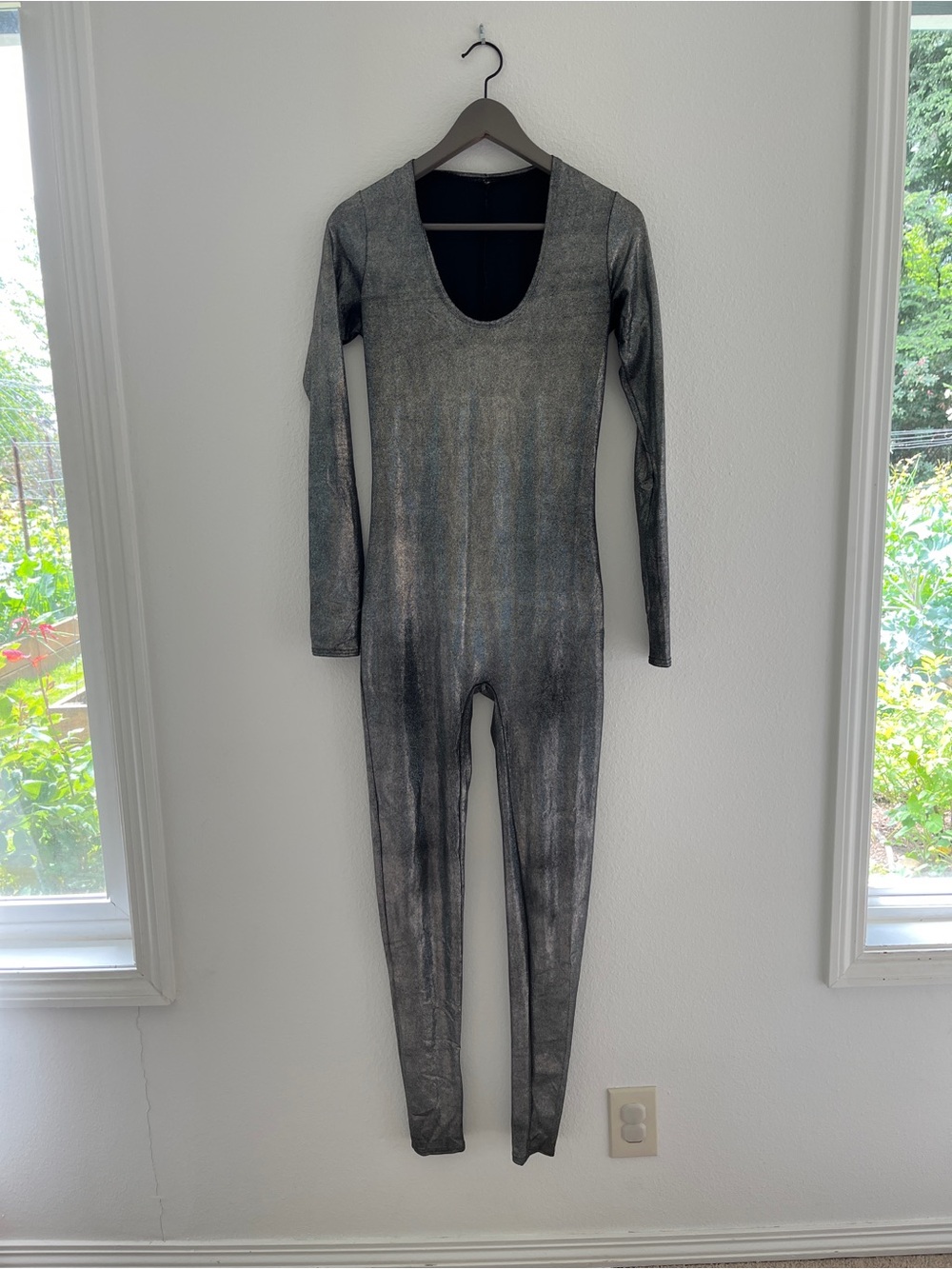 Metallic Silver Long-Sleeve Catsuit Jumpsuit
